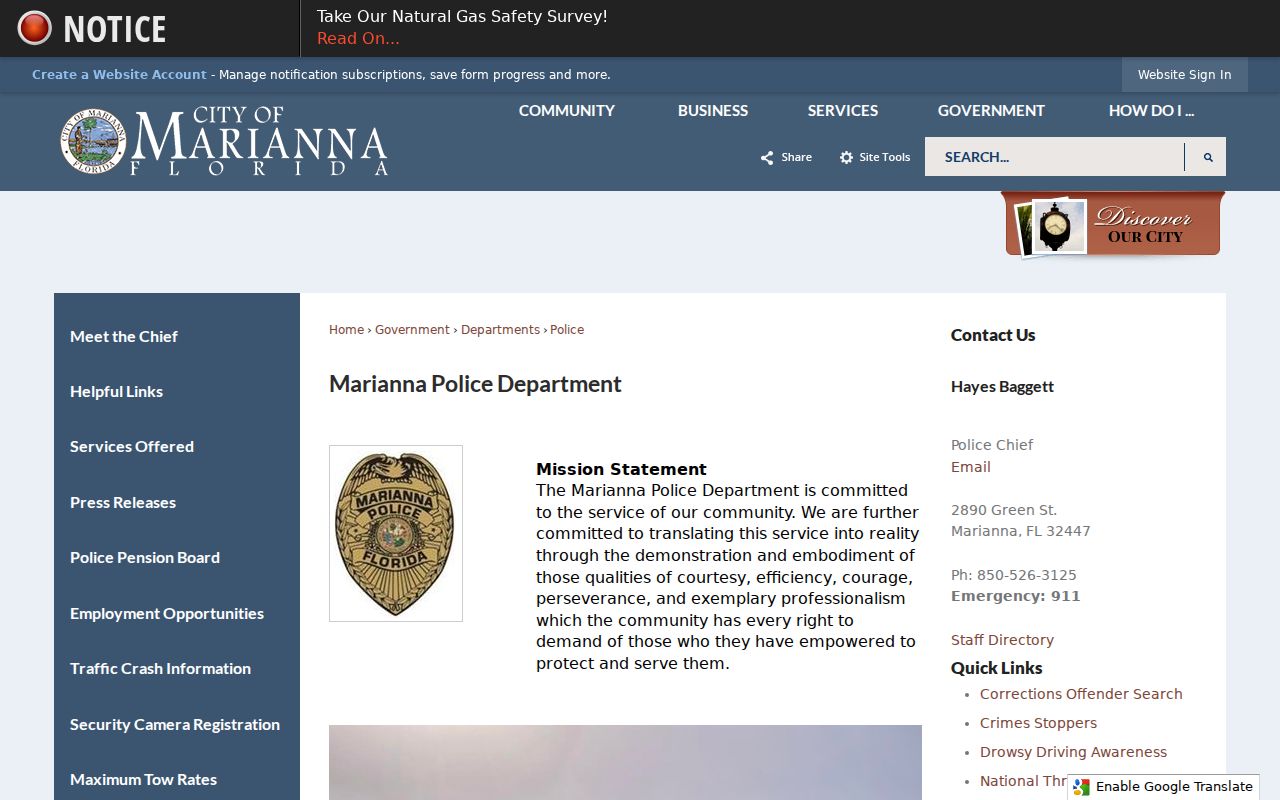 Marianna Police Department official records contact page