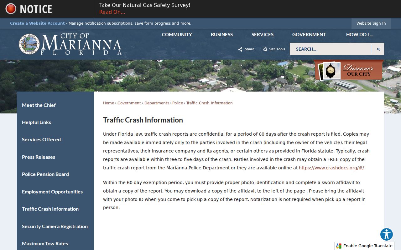 Marianna crash report access and confidentiality information