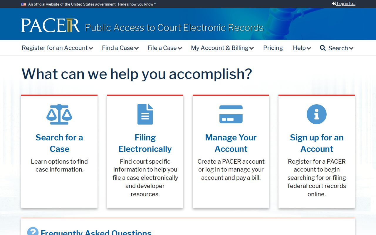 PACER federal court record access page