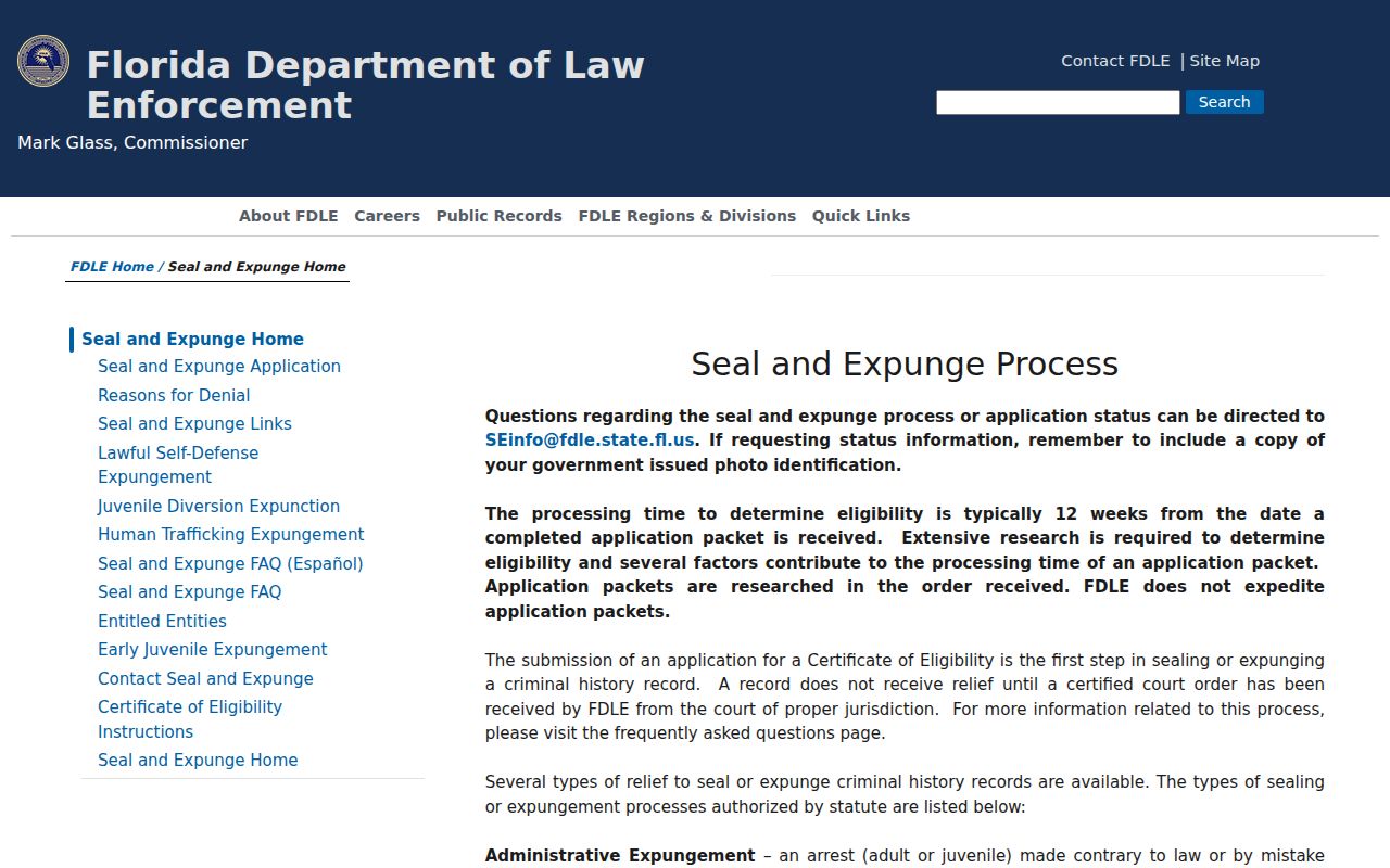 FDLE Florida seal and expunge process page